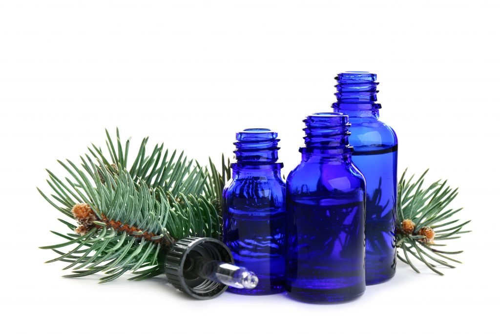 Different little bottles with essential oils and pine branches on white background